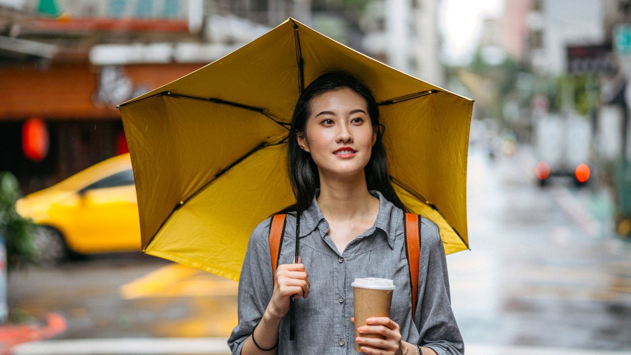 Person holding a yellow umbrella.